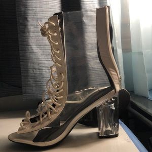 Clear & White lace up bootie heels